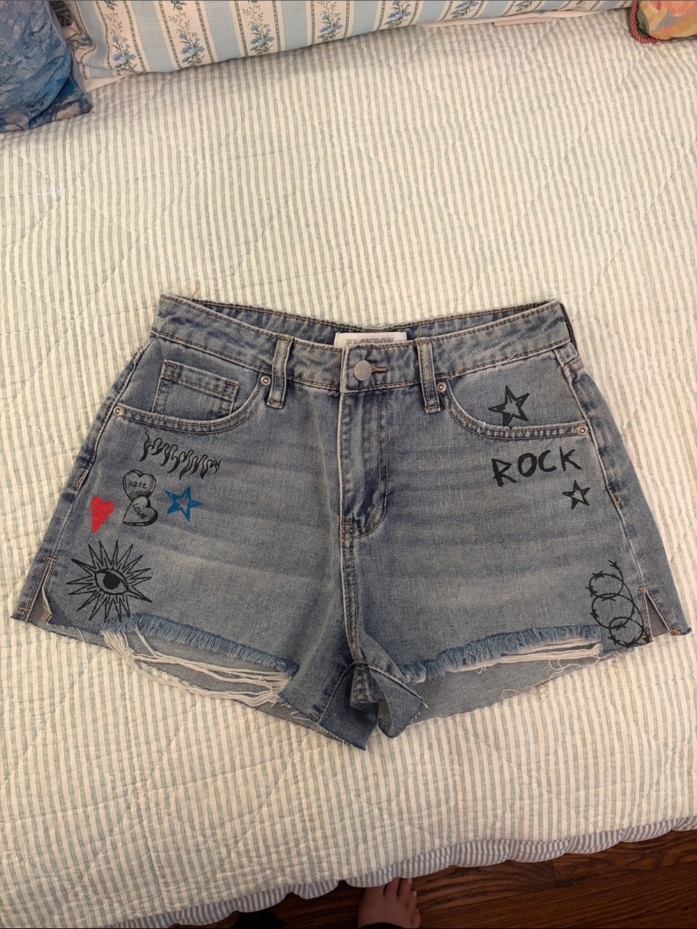 PLAYBOY Light Blue Distressed Graphic Denim Shorts NWOT